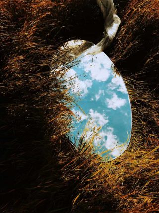 Espelho deitado na grama